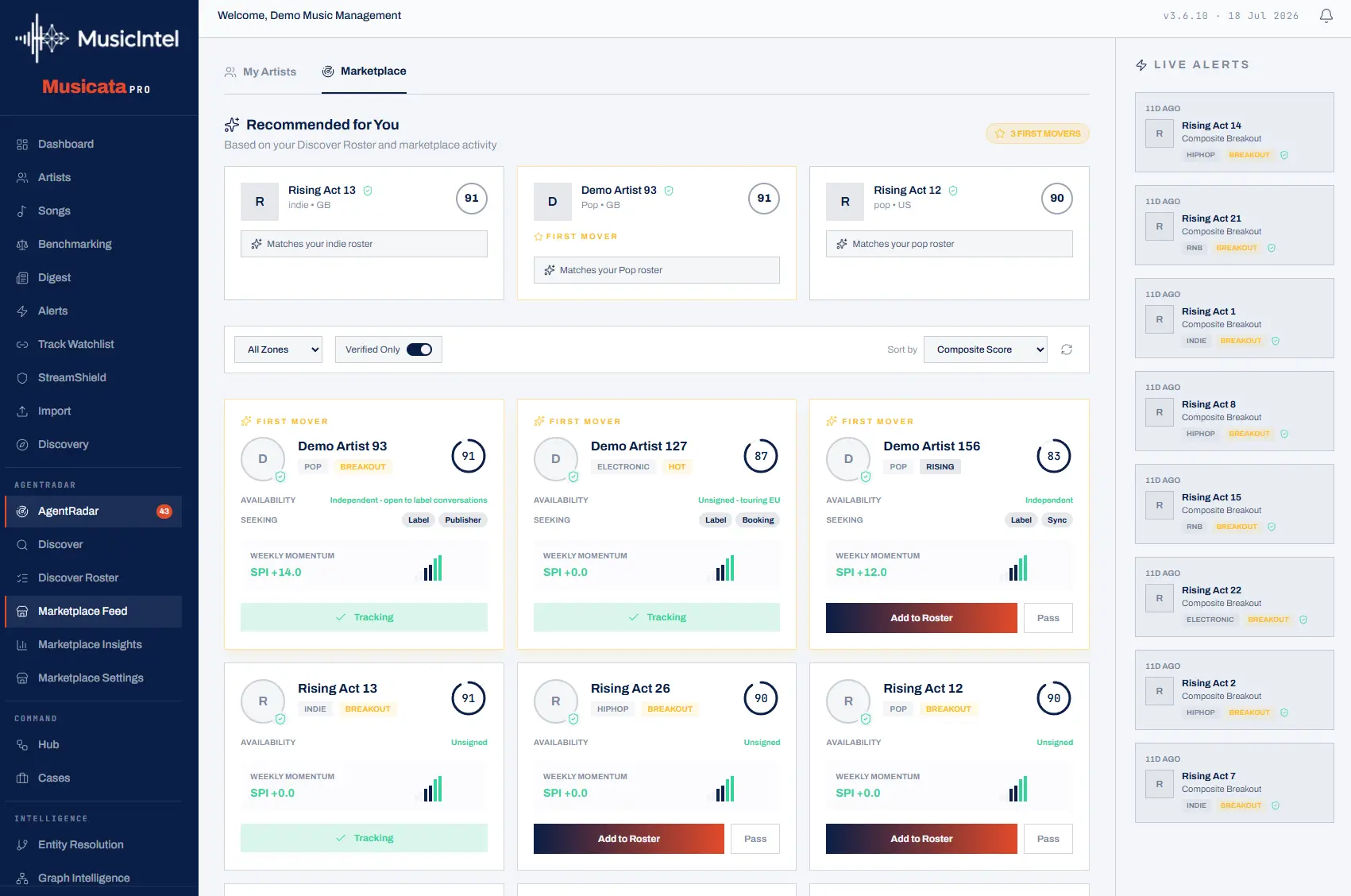 Agent Radar marketplace feed - first-mover recommendations with weekly momentum per act, availability and seeking tags, and live breakout alerts.