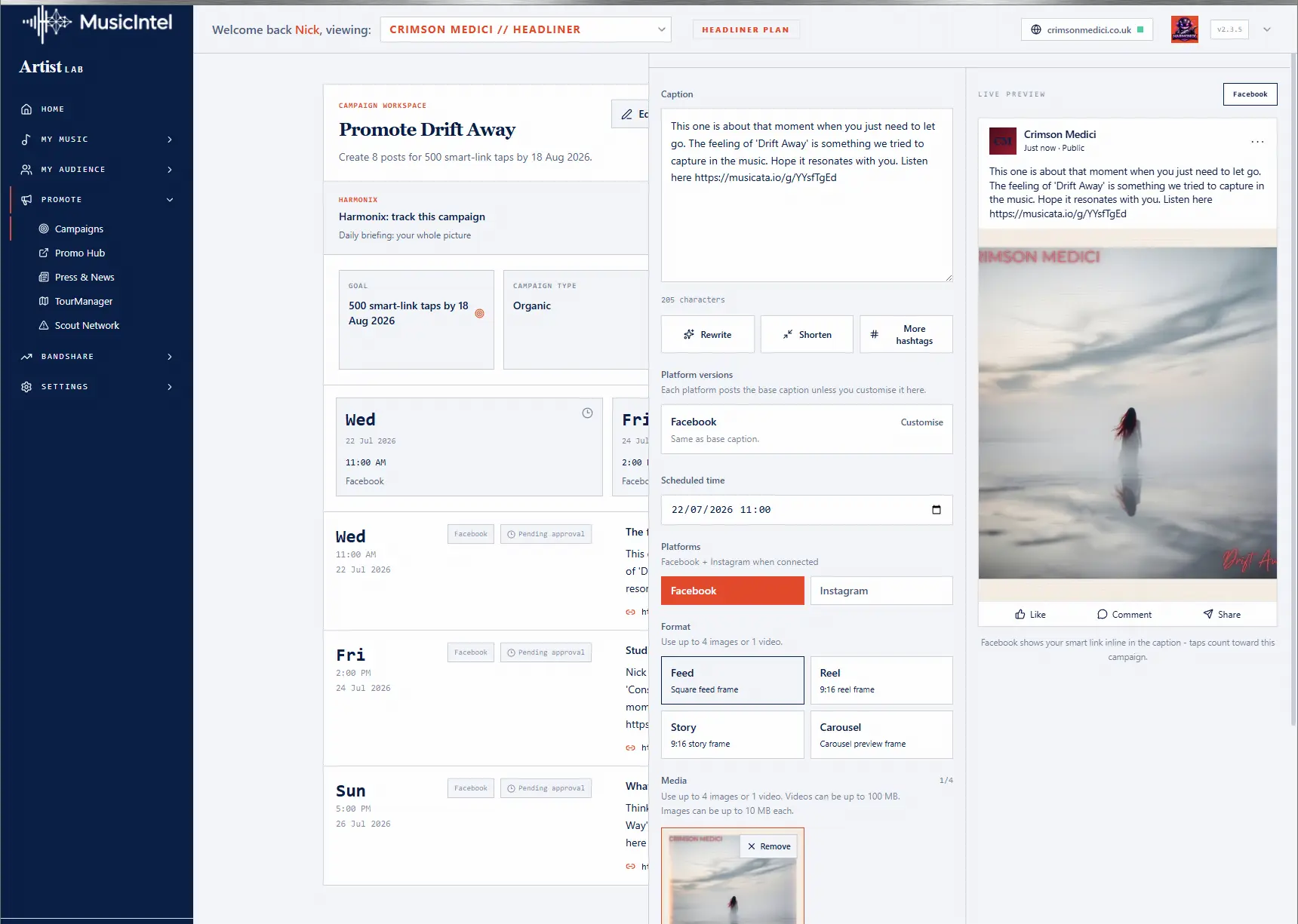 Post editor - one caption with per-platform versions, format choice, and a pixel-true live preview