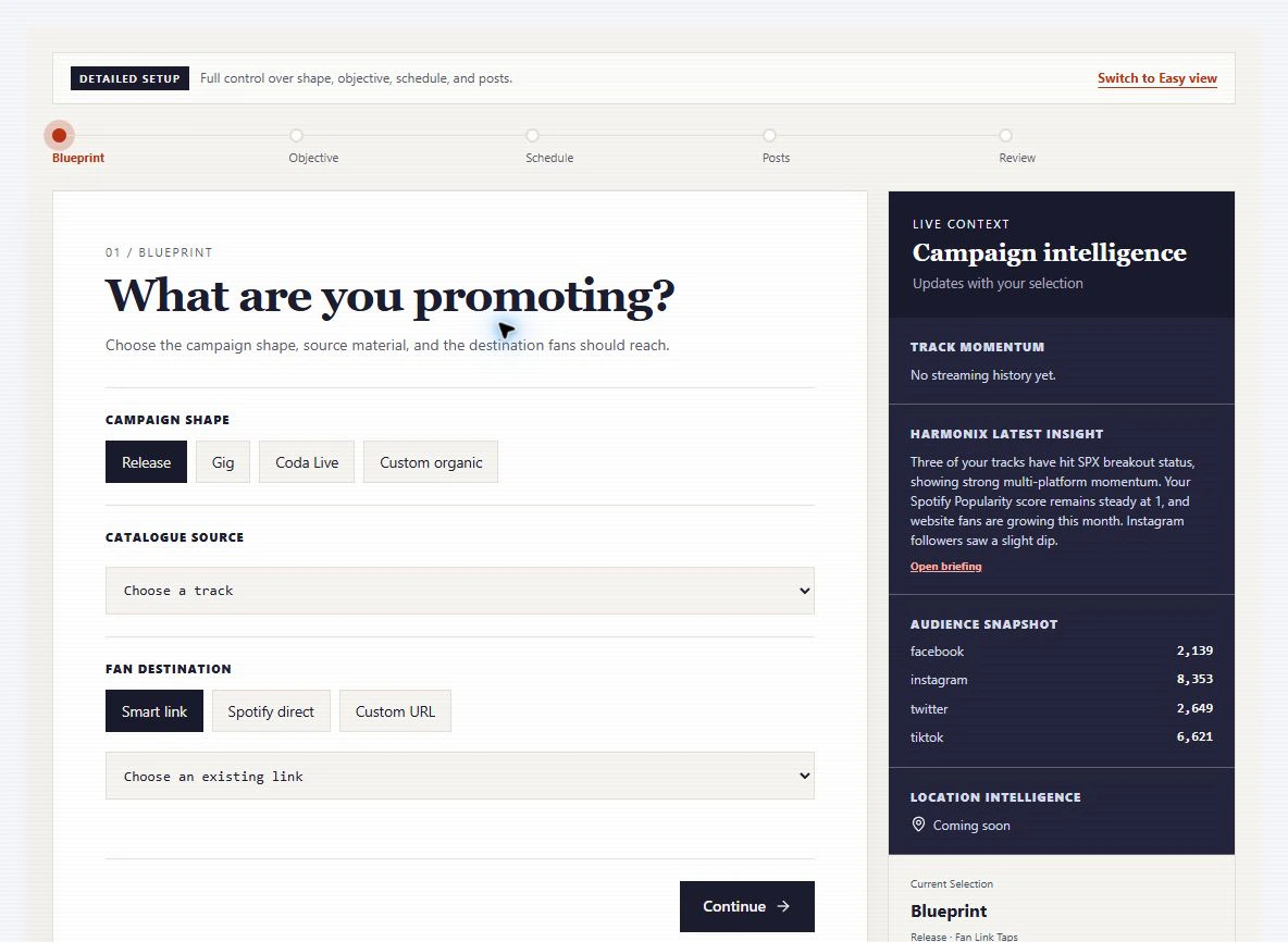 CampaignManager guided workflow showing Blueprint, catalogue choices and live campaign context.