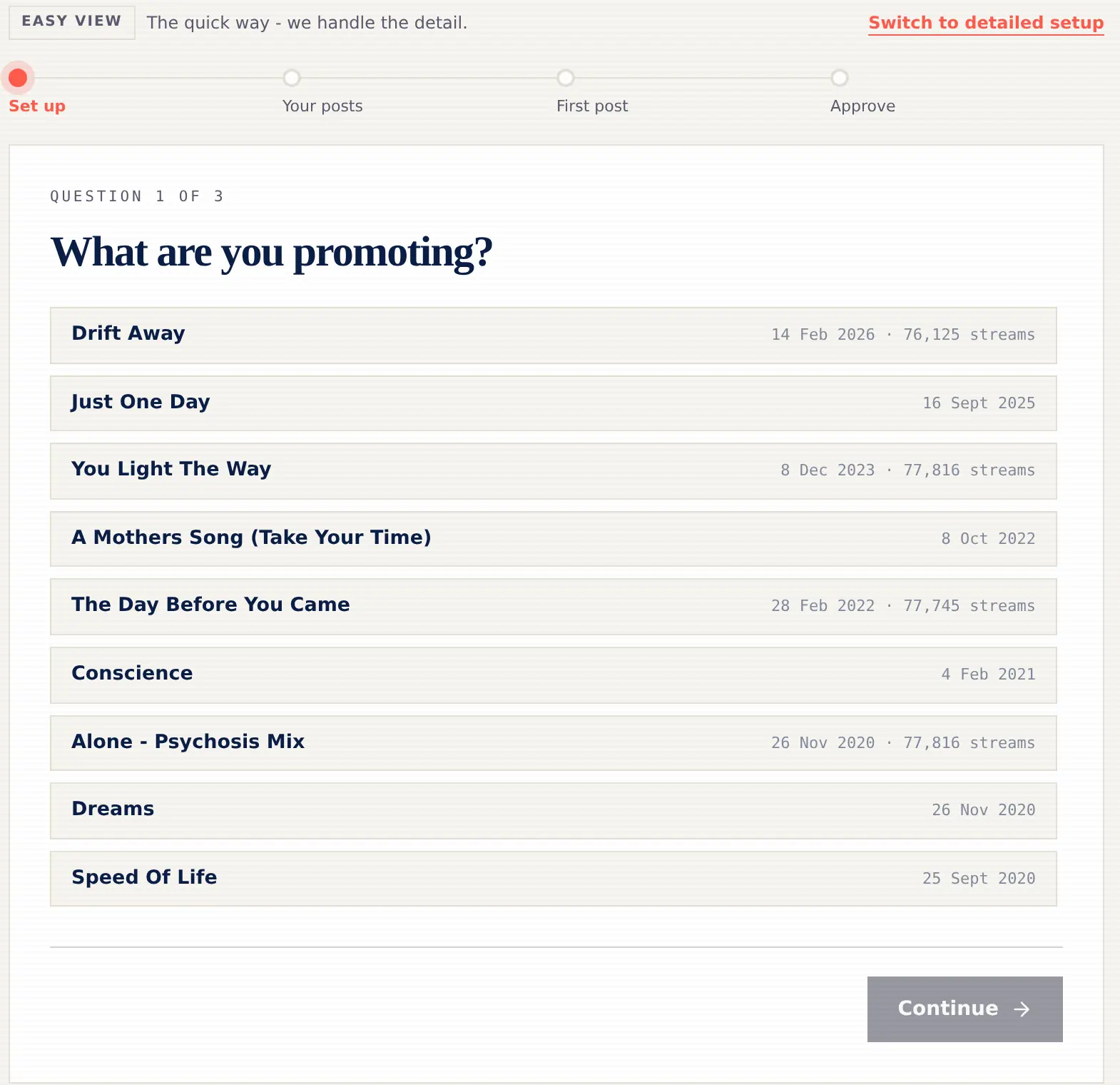 CampaignManager guided setup showing the Set up, Your posts, First post and Approve stages.
