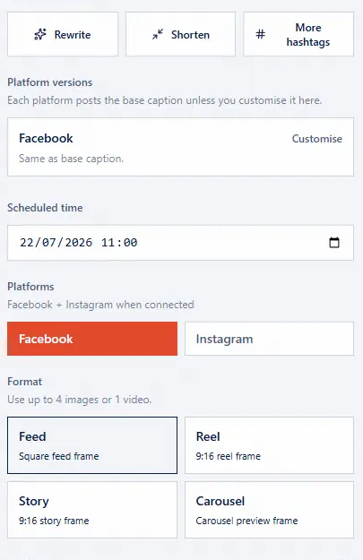 CampaignManager organic post editor with platform versions, scheduling, Facebook and Instagram options and post formats.