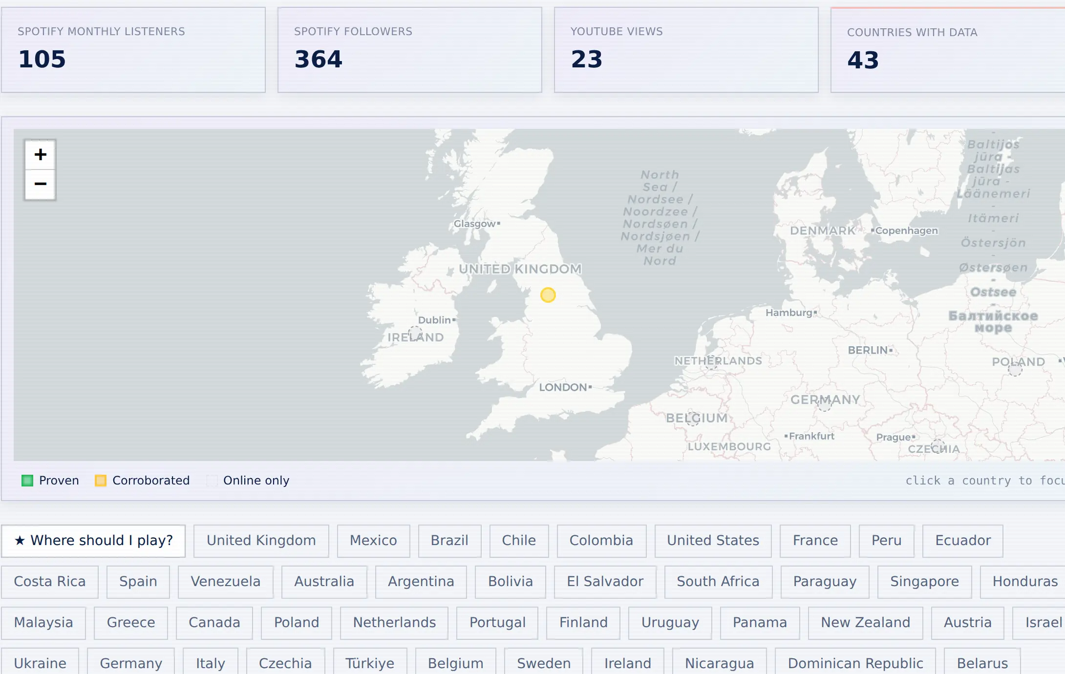 TourManager audience geography map and market controls.
