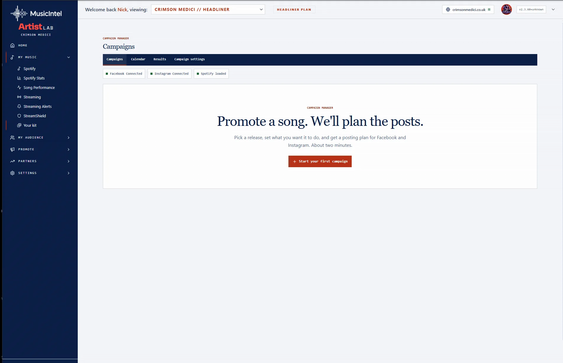 Campaign Manager ready to plan posts for a release, with Facebook and Instagram connected.