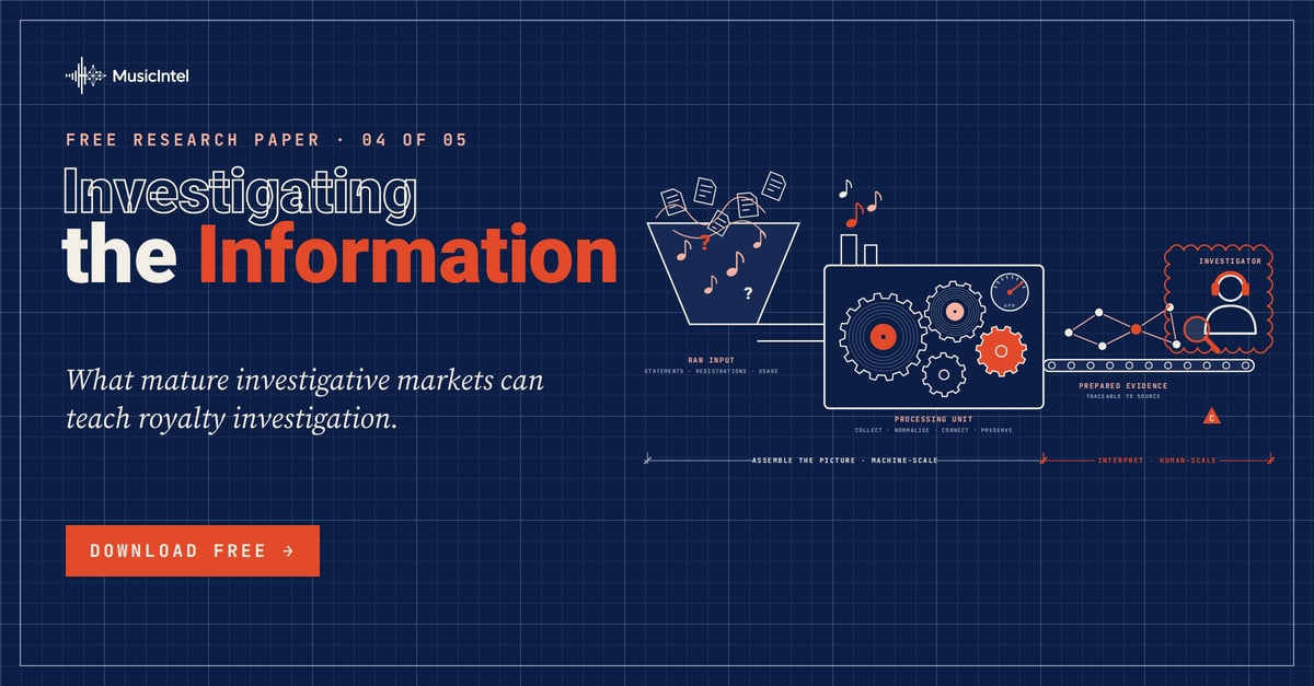 Investigating the Information, free research paper 04 of 05 from Music Intel: what mature investigative markets can teach royalty investigation. Navy blueprint card showing raw records processed into prepared evidence for an investigator.