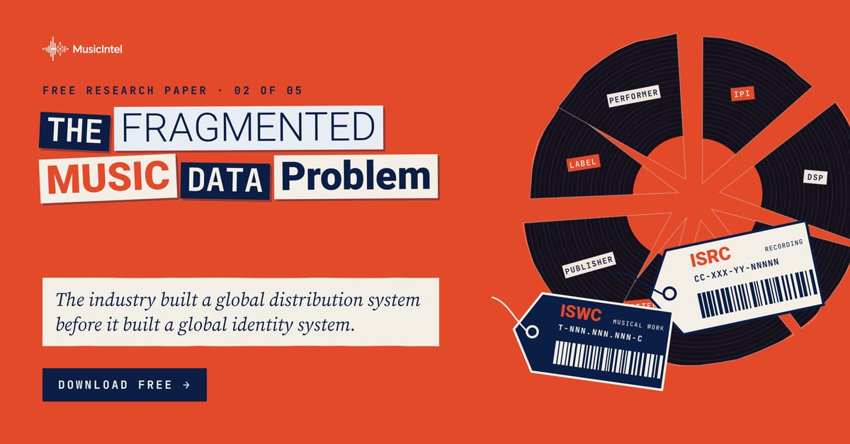The Fragmented Music Data Problem, free research paper 02 of 05 from Music Intel: the industry built a global distribution system before it built a global identity system. Orange card with a shattered record and ISRC and ISWC tags.