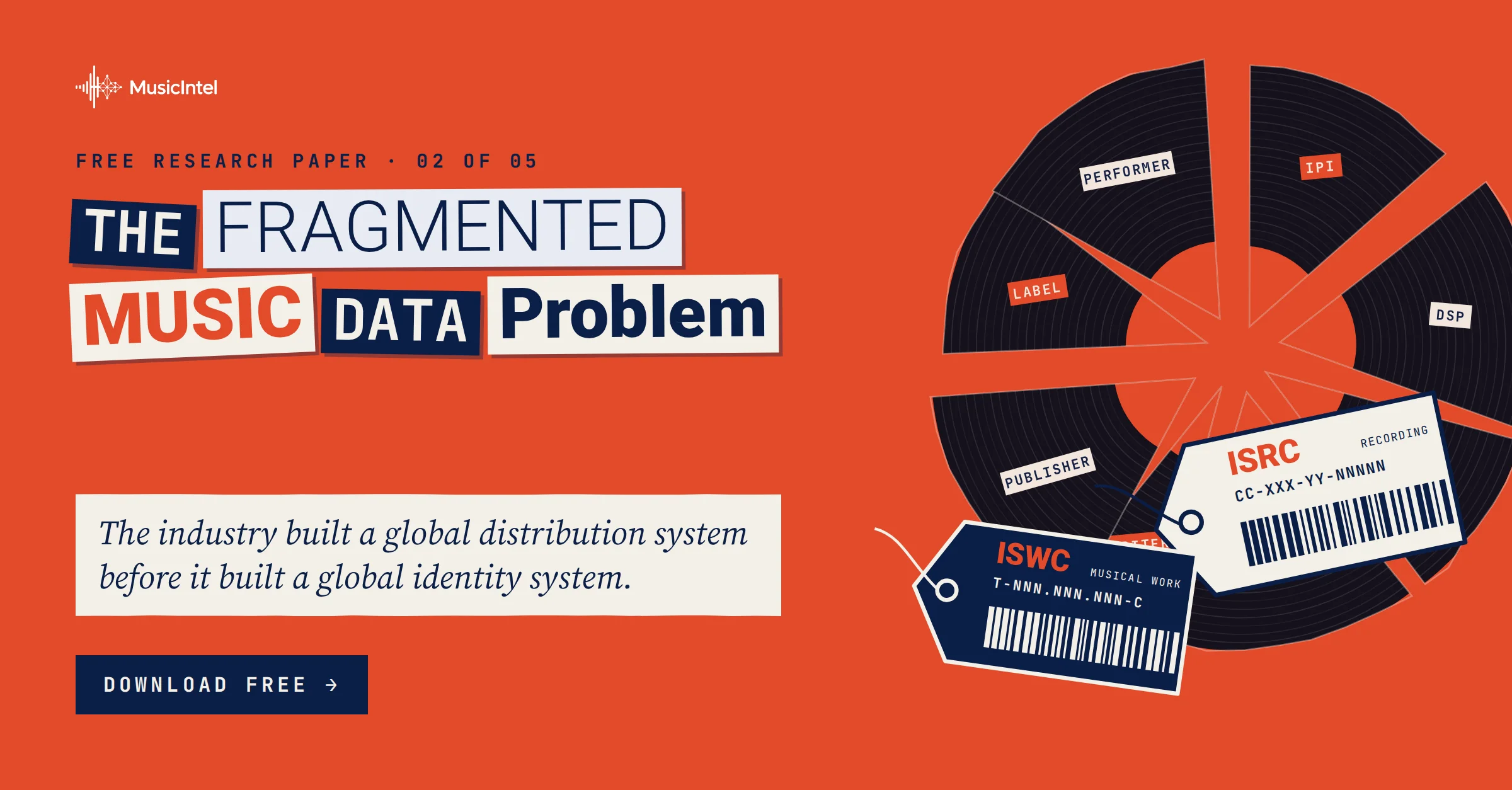 The Fragmented Music Data Problem, free research paper 02 of 05 from Music Intel: the industry built a global distribution system before it built a global identity system. Orange card with a shattered record and ISRC and ISWC tags.