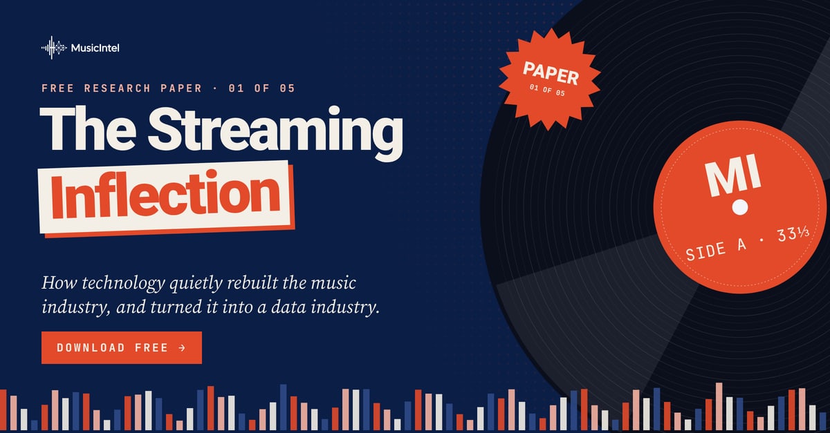 The Streaming Inflection, free research paper 01 of 05 from Music Intel: how technology quietly rebuilt the music industry, and turned it into a data industry. Navy card with a vinyl record and an orange MI label.